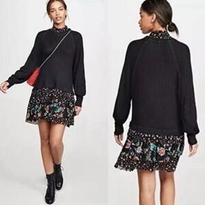 Free People Opposites Attract Mini Dress Floral Tiered Knit Black Size Medium